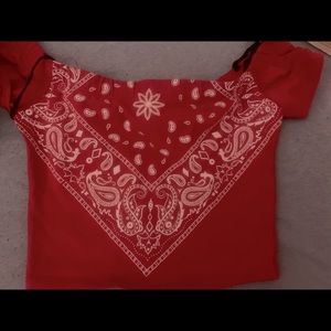 A red bandanna short sleeve crop top